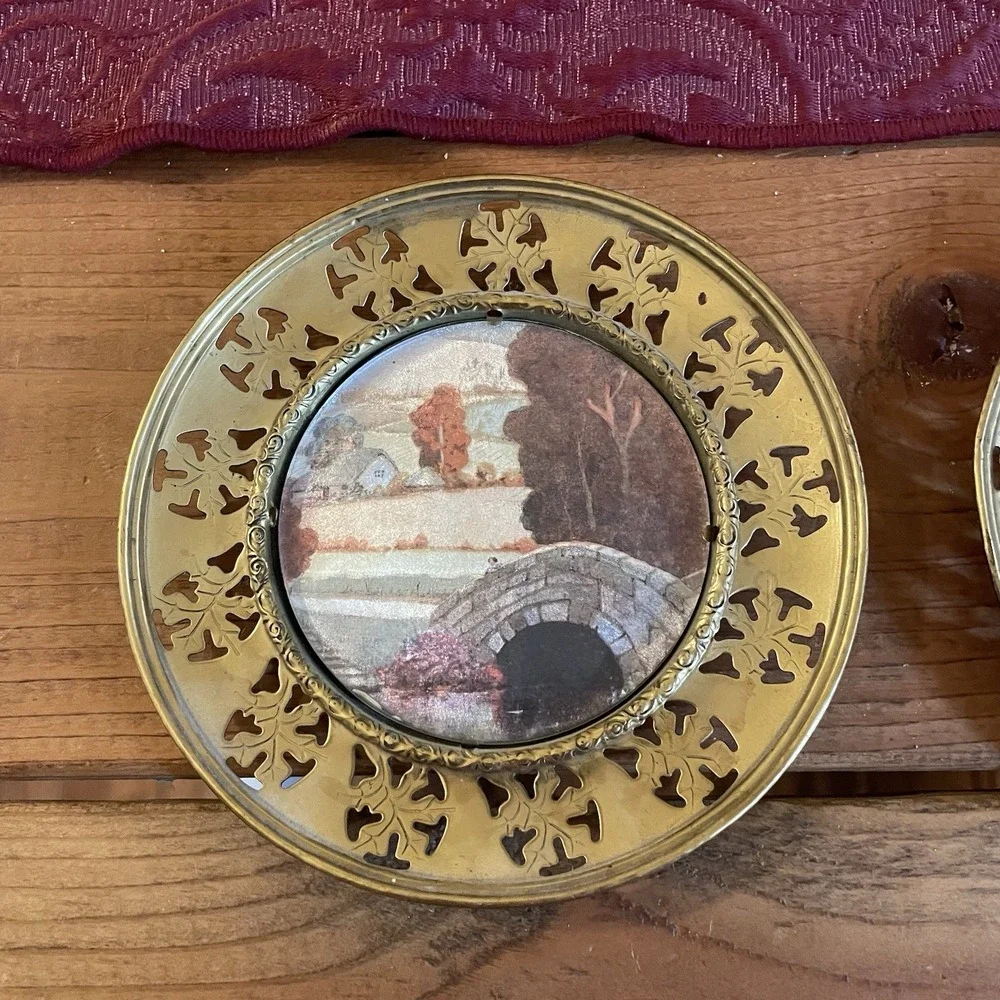 Vintage MCM/Hollywood Regency Brass Framed Foil Art Wall Decor Set Of 2  5.5